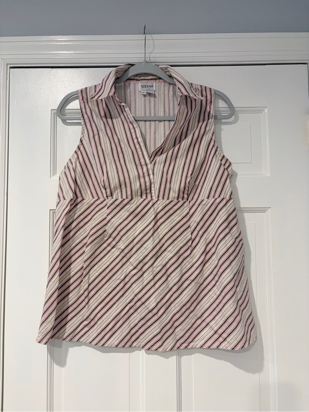Sleeveless Pink & White Striped V-Neck Blouse